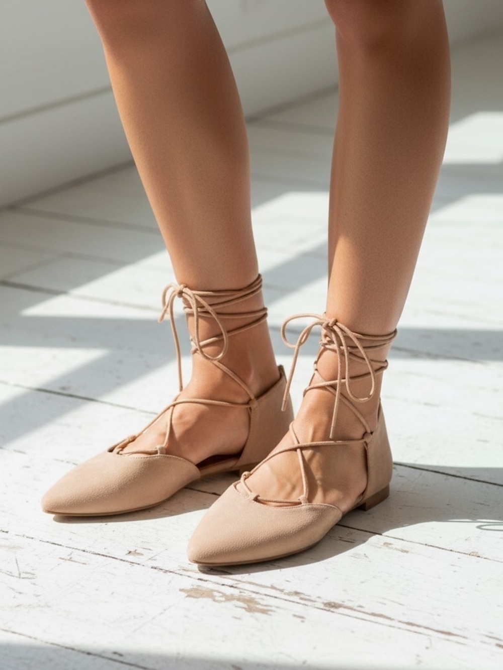 #36 Izabella Rue Lace-Up Pointed Flats in Beige